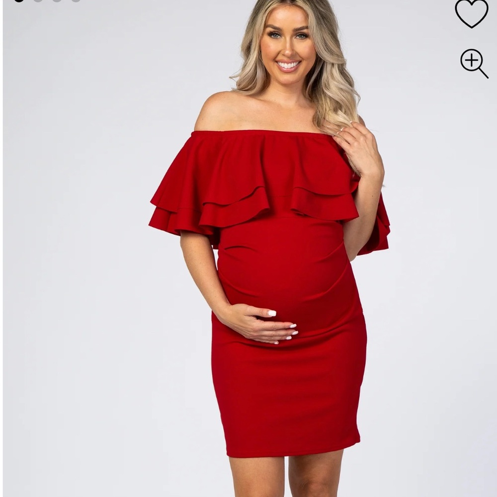 Pink Blush Maternity Red Double Layer Ruffle Off Shoulder Maternity Dress Size S